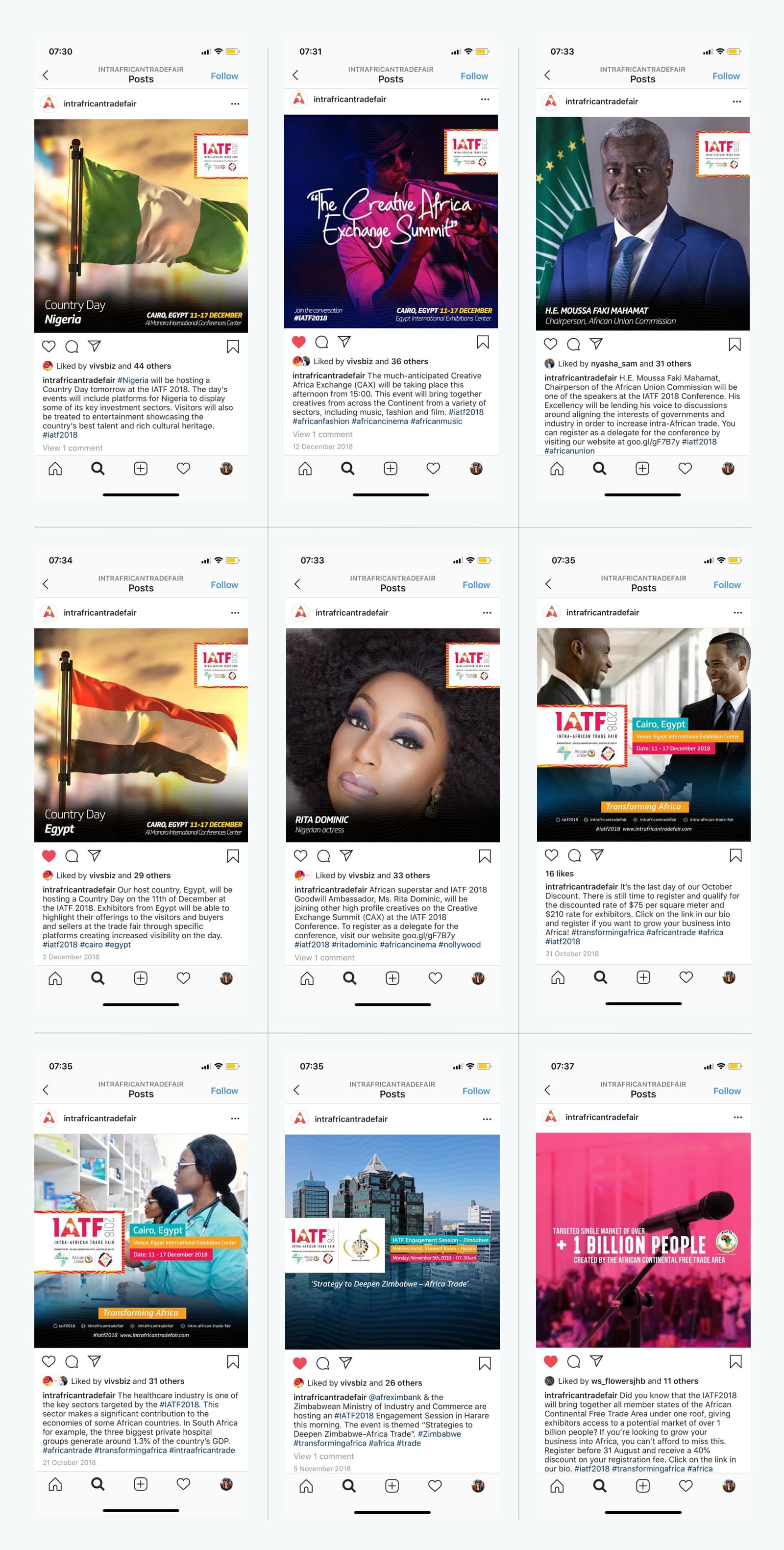 Grid of IATF2018 Instagram posts promoting country days, speakers, sectors, and event registration
