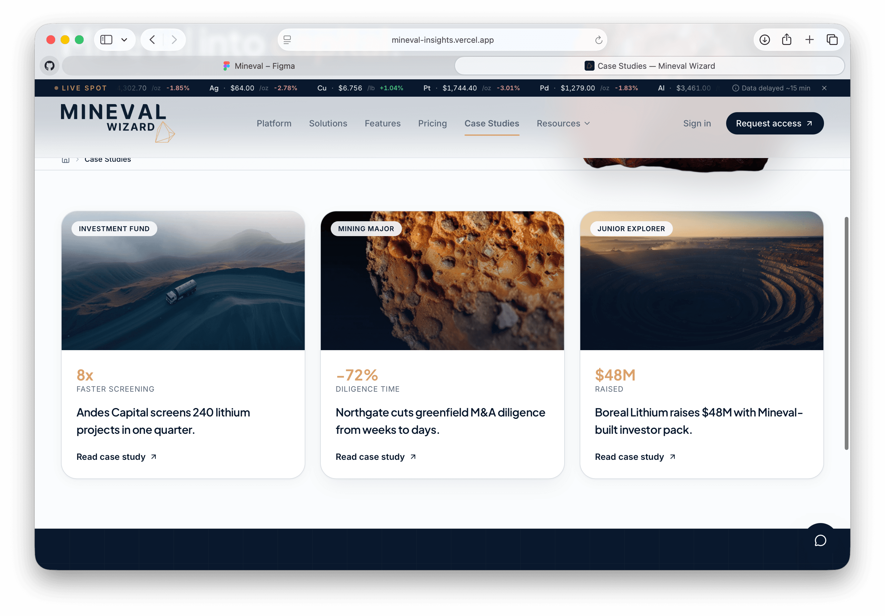 Mineval case studies interface presenting outcomes for investment funds, mining majors, and junior explorers