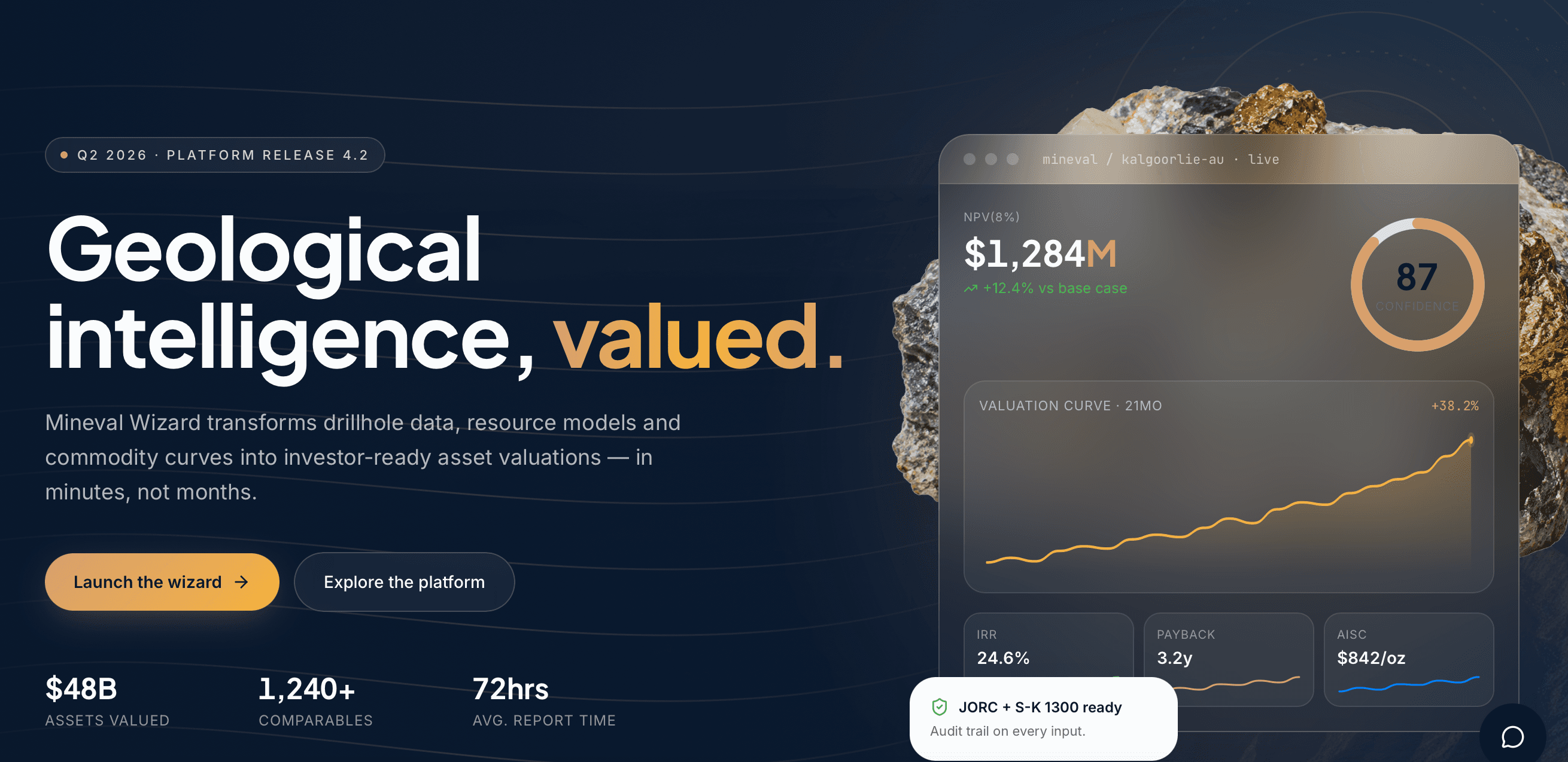 Mineval Wizard launch screen presenting geological intelligence and an investor-ready valuation dashboard