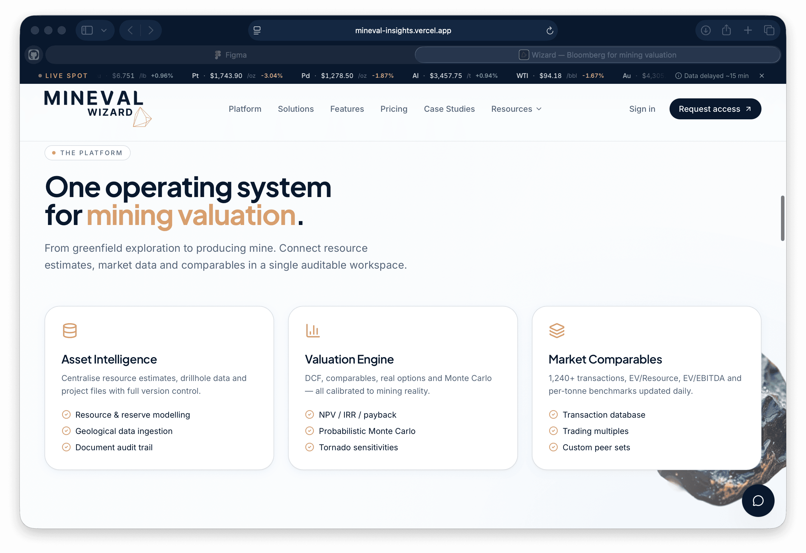 Mineval platform overview showing asset intelligence, valuation engine, and market comparables