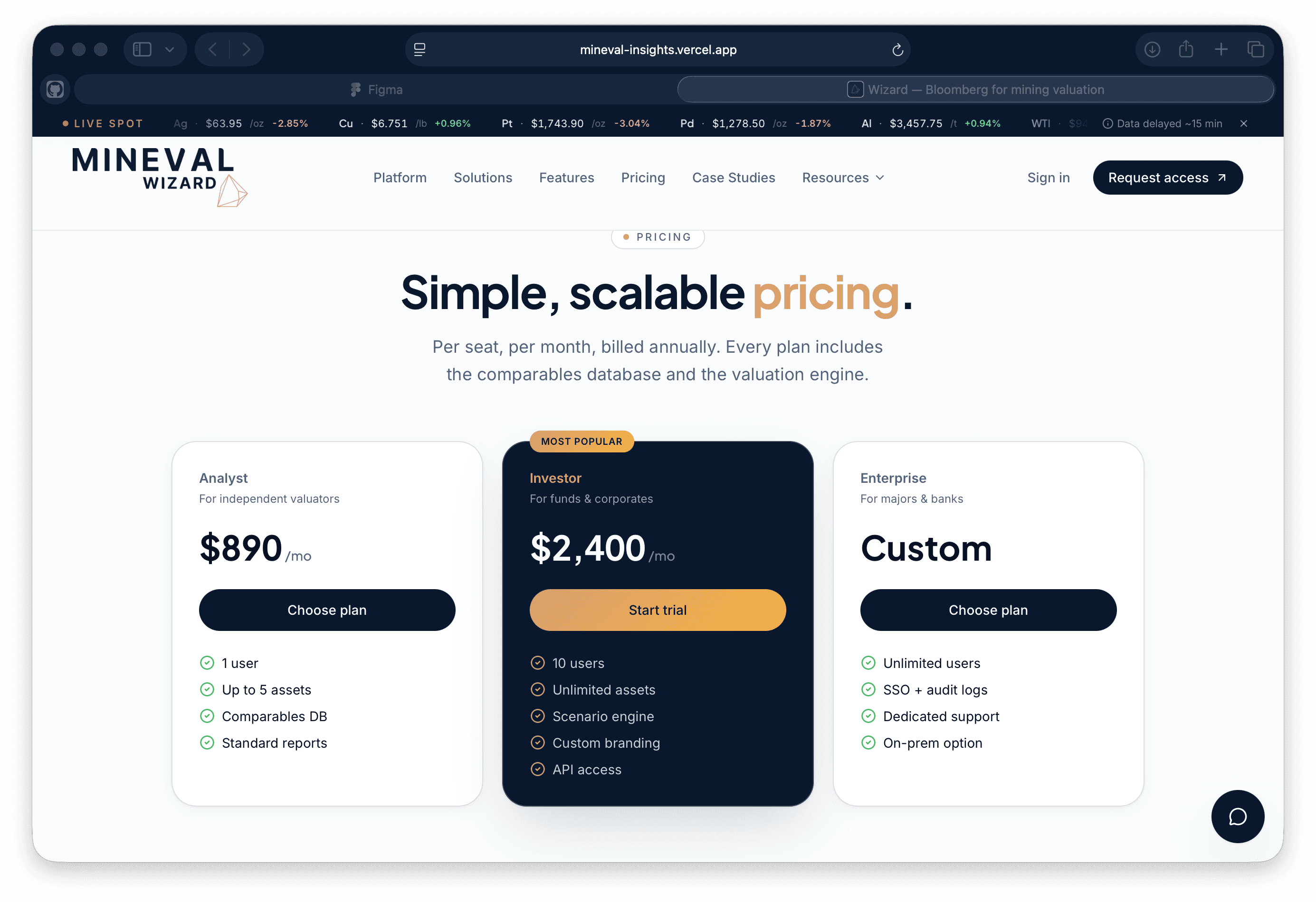 Mineval pricing interface shown within a dark browser frame