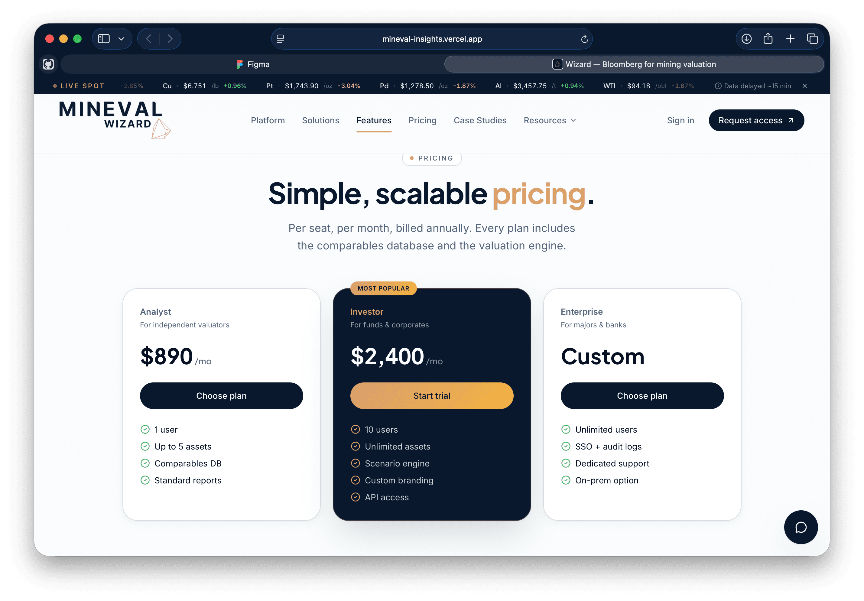 Mineval pricing interface shown within a light browser frame