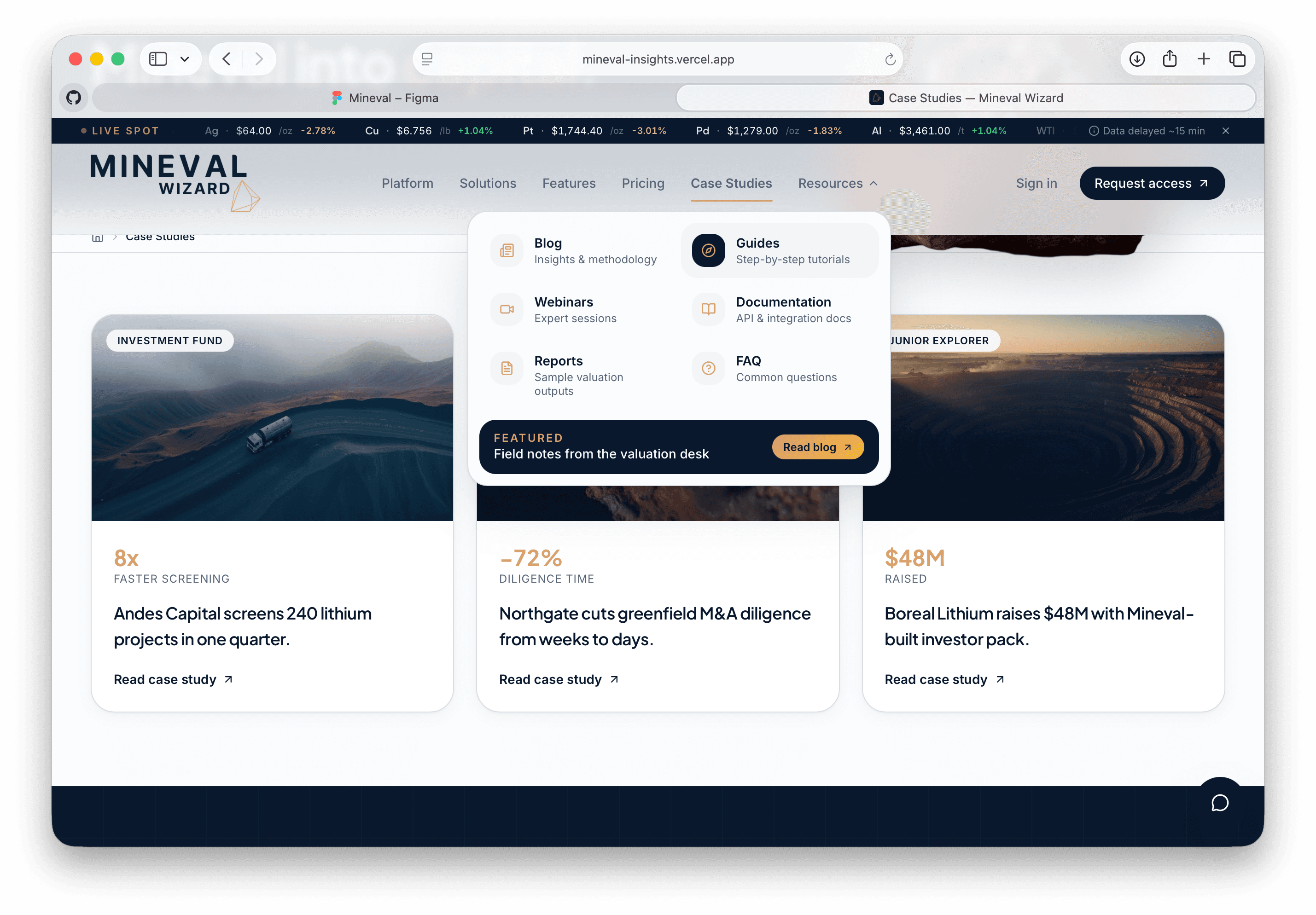 Mineval resources navigation menu with blog, guides, webinars, documentation, reports, and frequently asked questions
