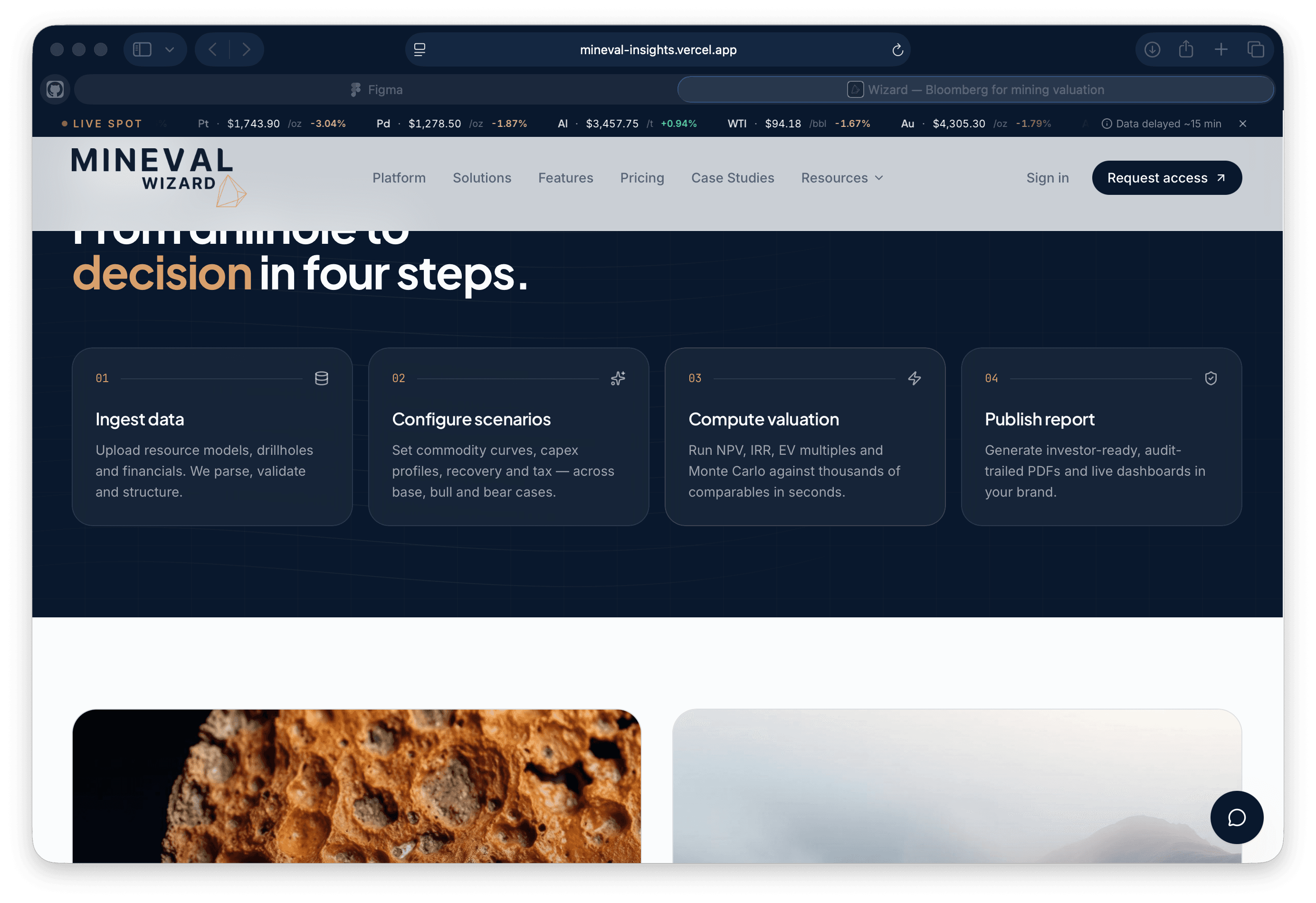 Mineval valuation workflow showing four steps from data ingestion to report publishing