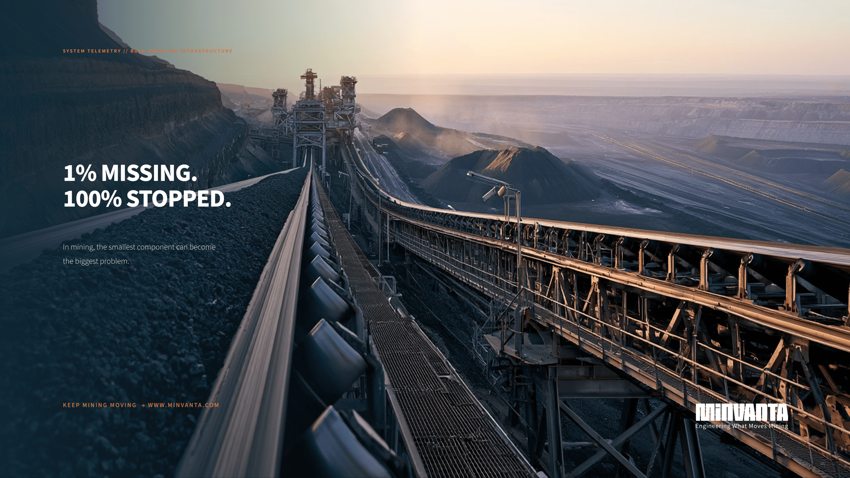 Minvanta campaign showing a mining conveyor with the headline 1 percent missing, 100 percent stopped