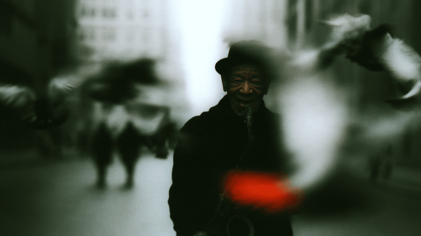 AI-generated cinematic street scene with an elderly musician among blurred pedestrians