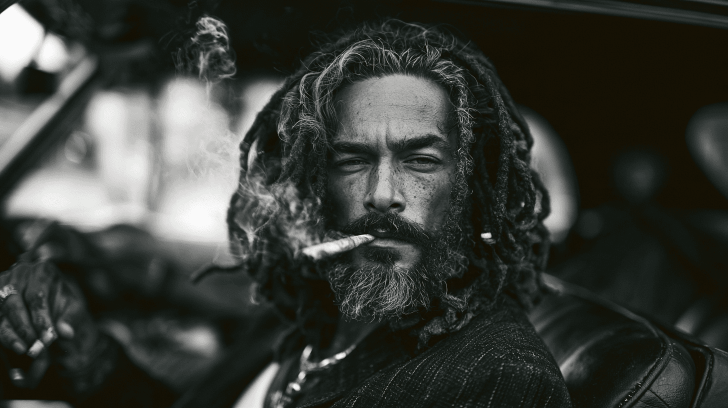 AI-generated black-and-white portrait of a Jamaican man with dreadlocks