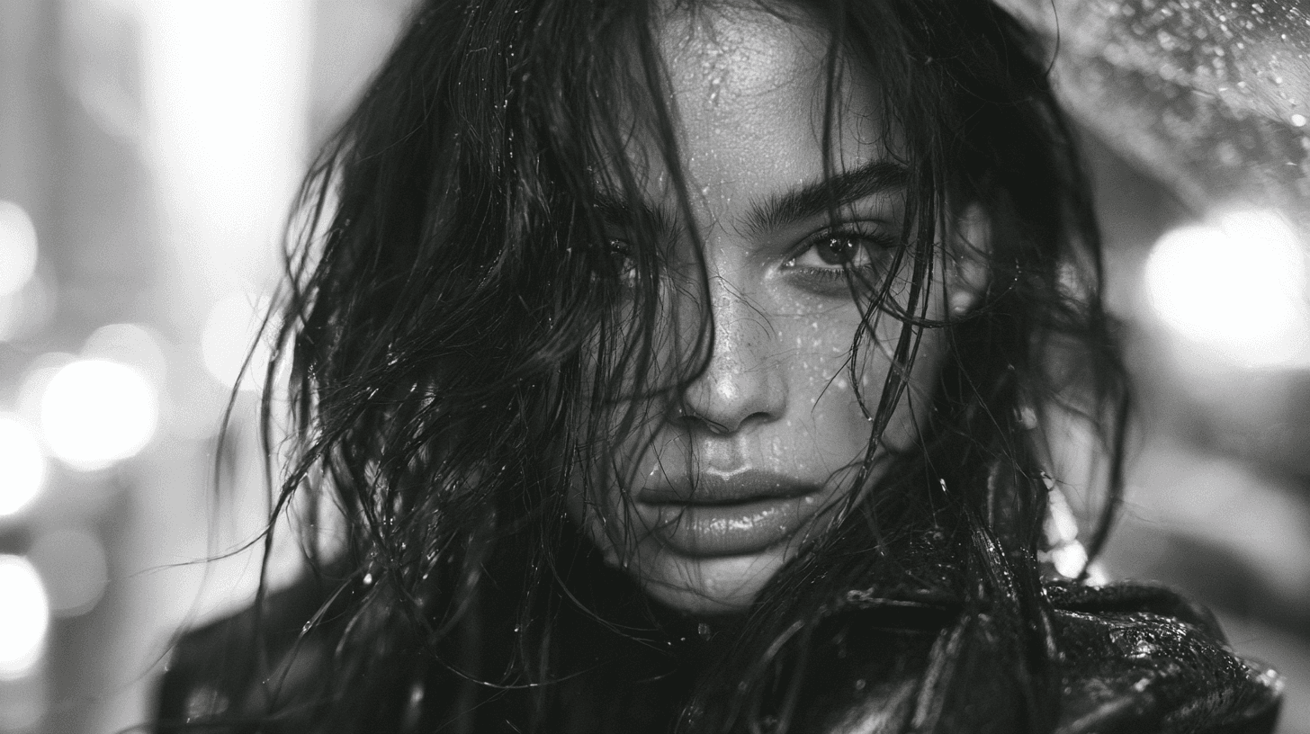 AI-generated black-and-white close portrait of a Brazilian woman in rain