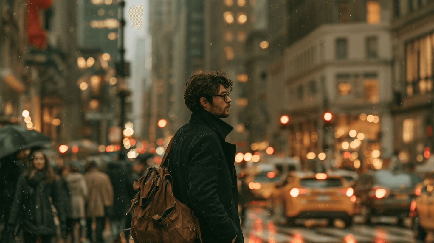 AI-generated cinematic street photograph of a man crossing a rainy New York street