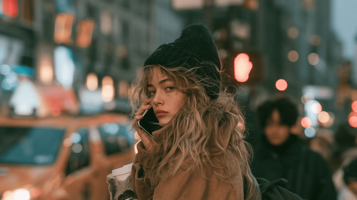 AI-generated cinematic portrait of a woman on a New York street at night