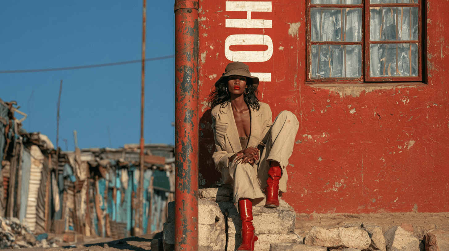 AI-generated fashion portrait of a woman seated against a red wall in Soweto