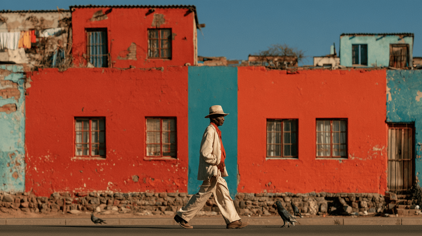 AI-generated street photograph of an older man walking past a brightly painted Soweto home