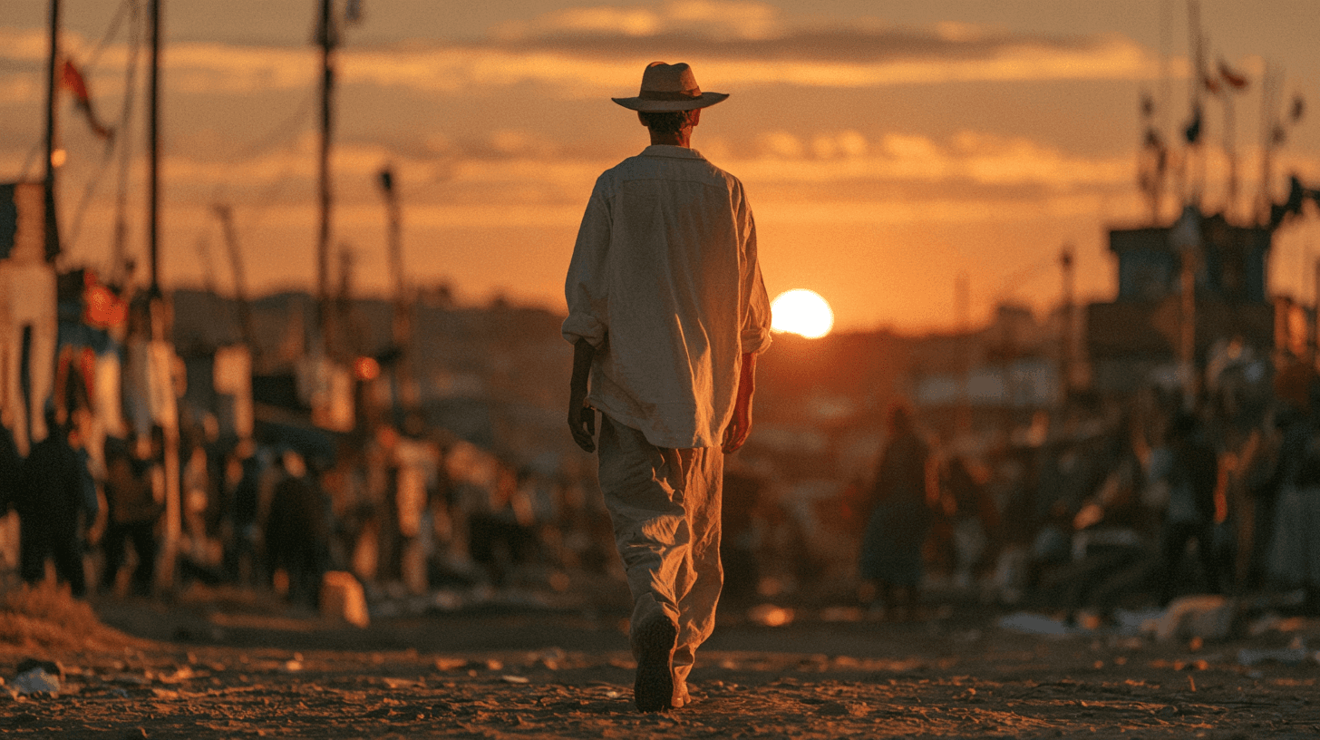 AI-generated photograph of an older man walking through Soweto at sunset