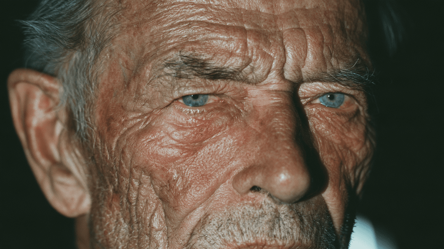 AI-generated extreme close portrait of an elderly man with blue eyes