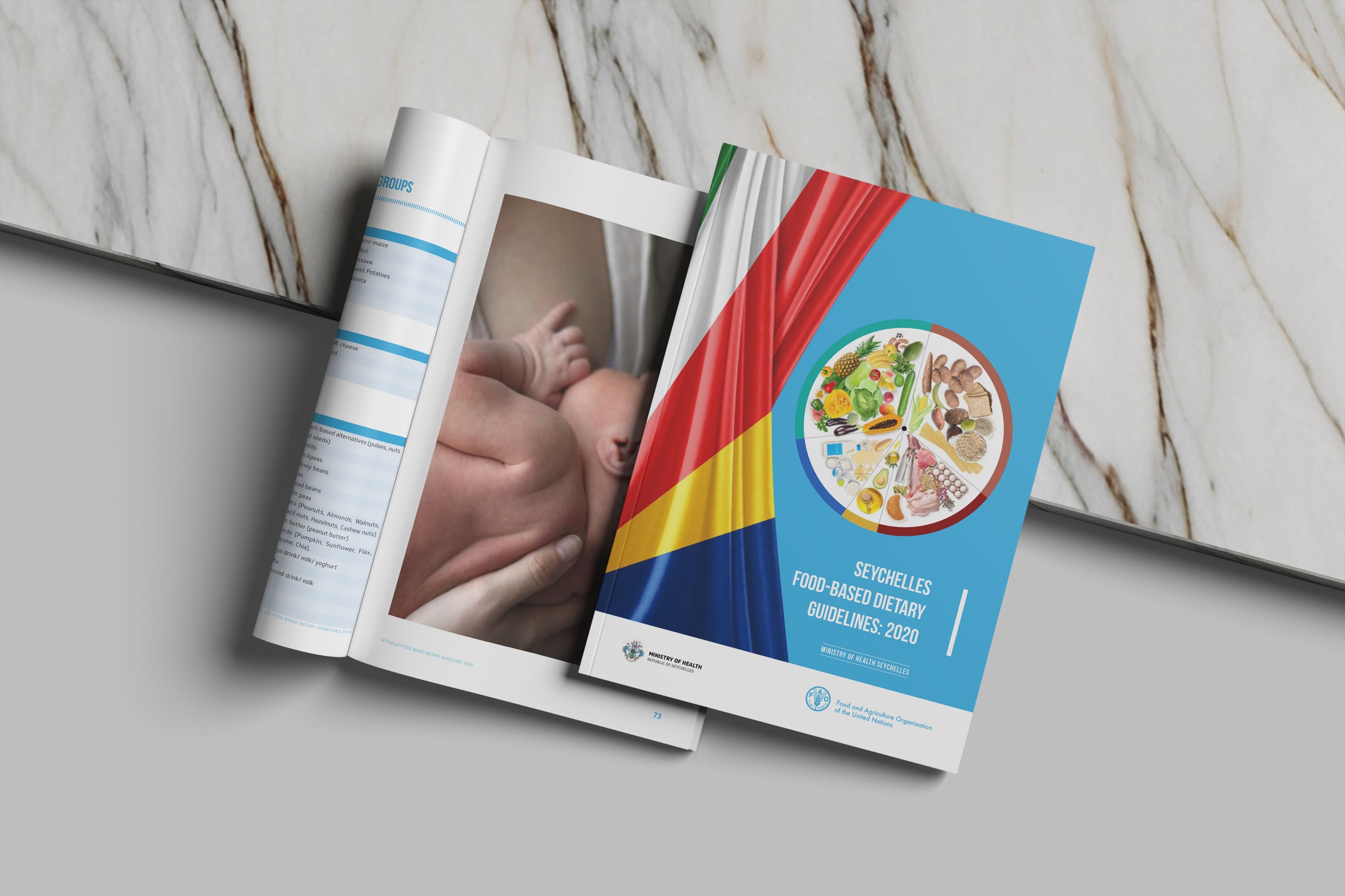 Mockup of the Seychelles Food-Based Dietary Guidelines 2020 showing the cover and an open interior spread