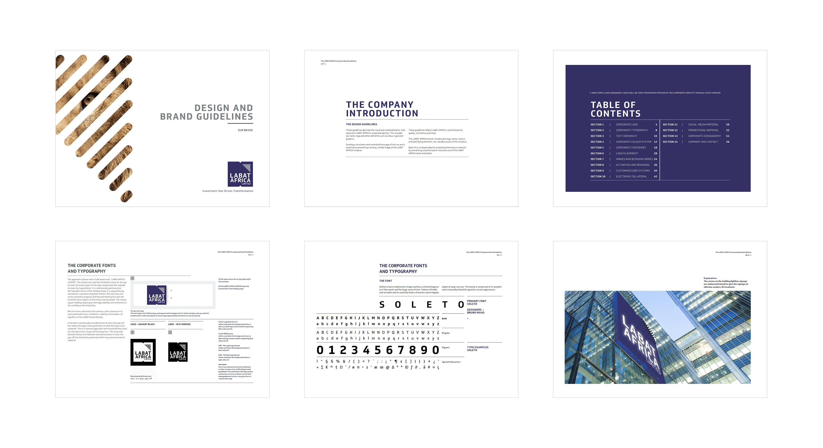 Overview of selected pages from the LABAT Africa corporate brand guidelines